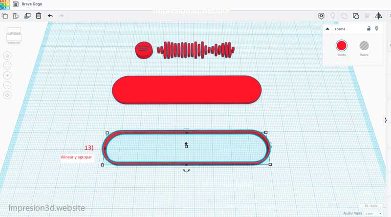 Como hacer un llavero de Spotify para impresion 3D en Tinkercad - Tinkercad 14) alinear y agrupar bordes