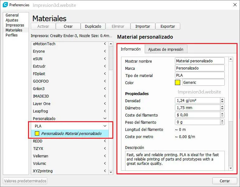 Configurar un filamento 3d en Cura