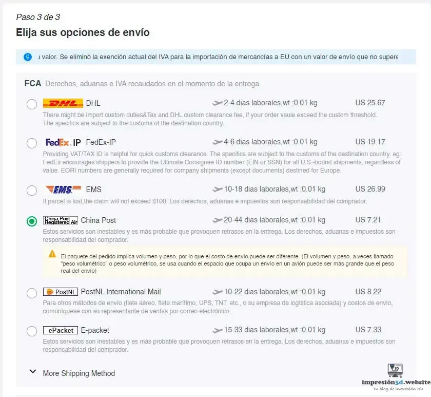 quote 3D printing Online - choose shipping options