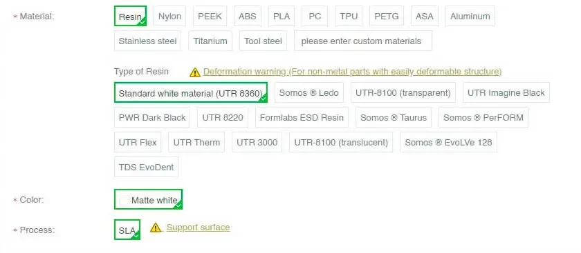 quote 3D printing Online - select printing options