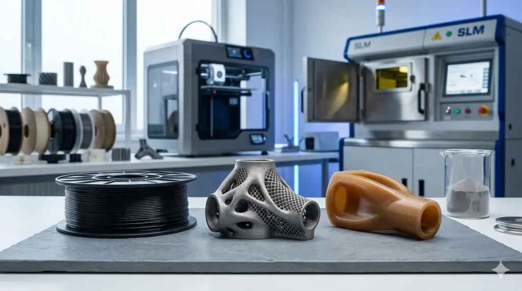 Muestras de materiales de impresión 3D 2026 incluyendo carrete de fibra de carbono, pieza técnica de titanio y componente de PEEK en un laboratorio profesional.