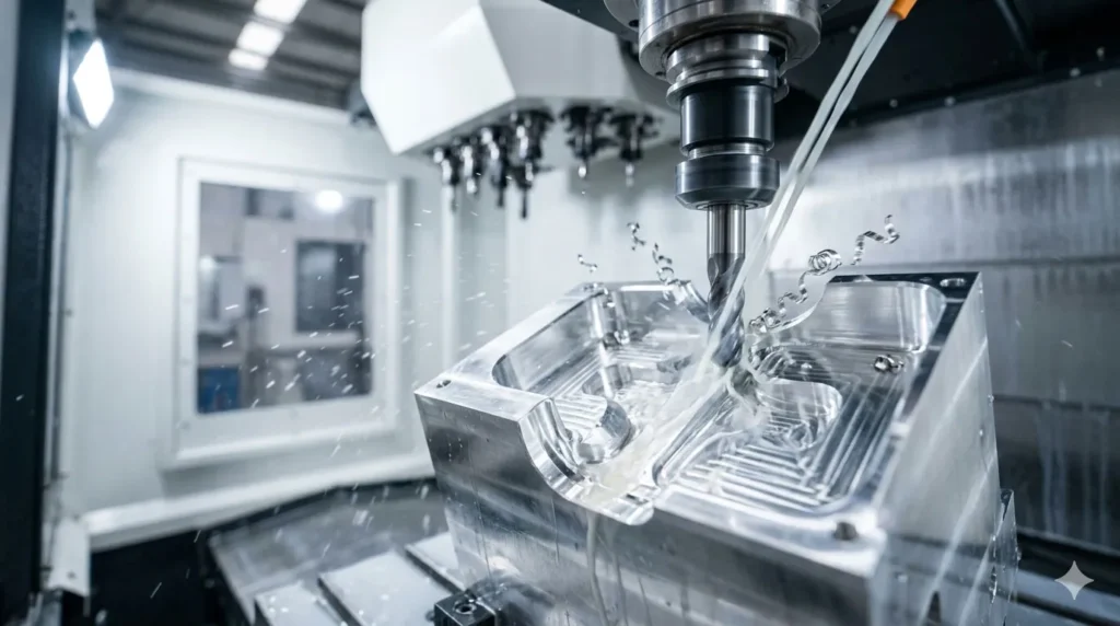 Primer plano macro de una fresa de 5 ejes esculpiendo aluminio 7075 con refrigerante, ilustrando la precisión de las mejores empresas de mecanizado CNC en China en 2026.